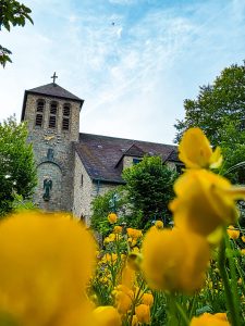 Das Bild zeigt die katholische Kirche in Mammolshain aus der Froschperspektive aufgenommen. Durch die kräftigen gelben Butterblumen entsteht eine harmonisch-idyllische Atmosphäre. - Eingereicht von Michelle Bunte Fotowettbewerb Mammolshain - 15